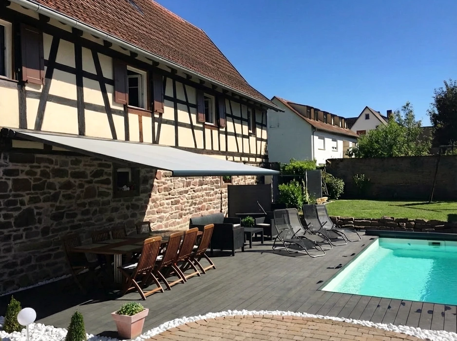 Terrasse extérieure d'une maison alsacienne à colombages avec piscine rectangulaire à débordement
