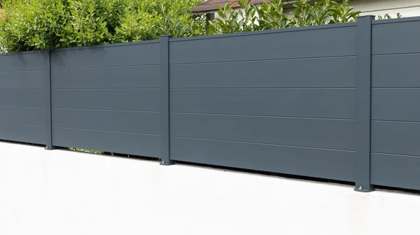 Sc&egrave;ne ext&eacute;rieure r&eacute;sidentielle montrant une cl&ocirc;ture moderne install&eacute;e le long d'une all&eacute;e pav&eacute;e claire