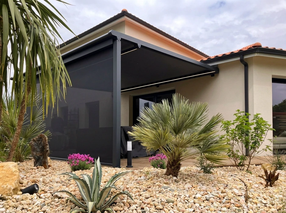 Terrasse couverte moderne avec pergola bioclimatique à toiture rétractable en toile noire, fixée en applique sur façade enduite