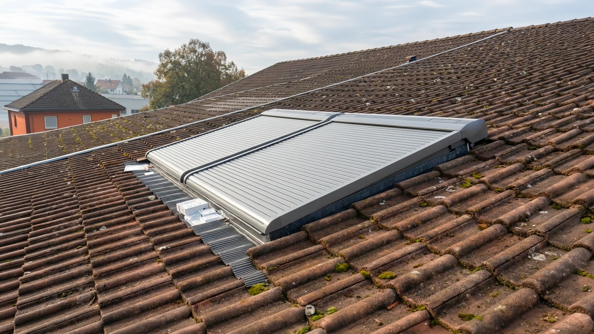 Ouvrier en bâtiment installant une fenêtre de toit dans combles aménagés