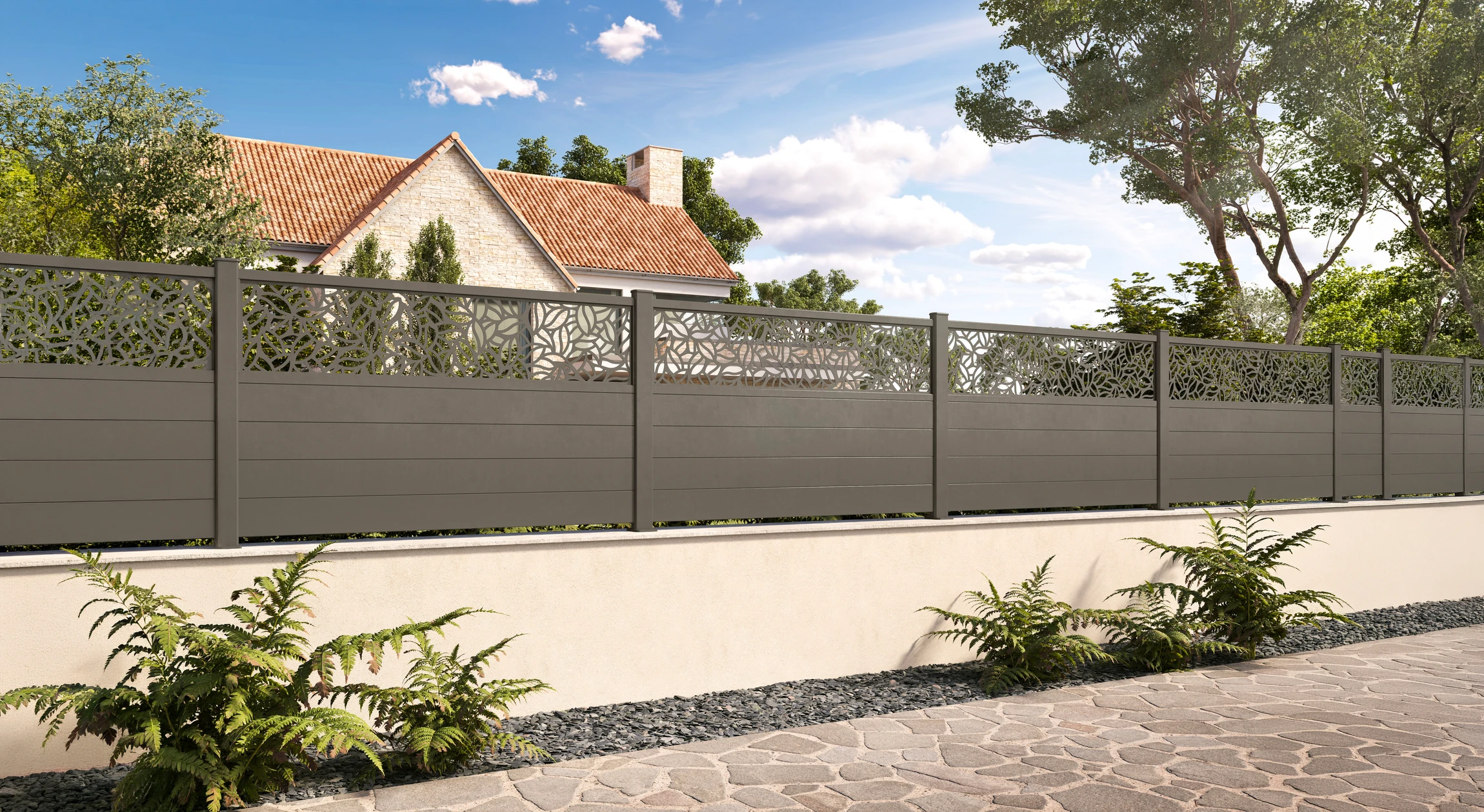 mur conception clôture grise aluminium moderne barrière grise autour de la maison protection de la façade maison protection du jardin