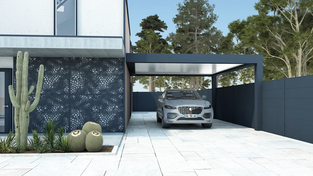 Porte de garage sectionnelle arquée, coloris marron foncé RAL 8014, montée dans une ouverture en arc de cercle sur façade enduit blanc