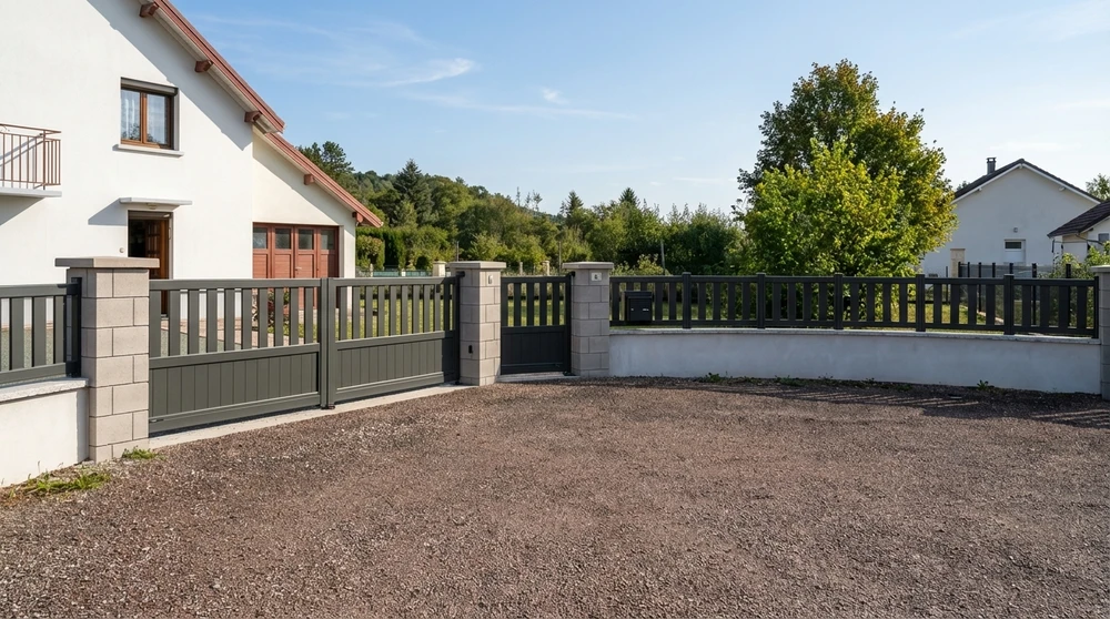 Façade d'une maison individuelle bleue avec clôture en aluminium anthracite à barreaudage horizontal, piliers béton