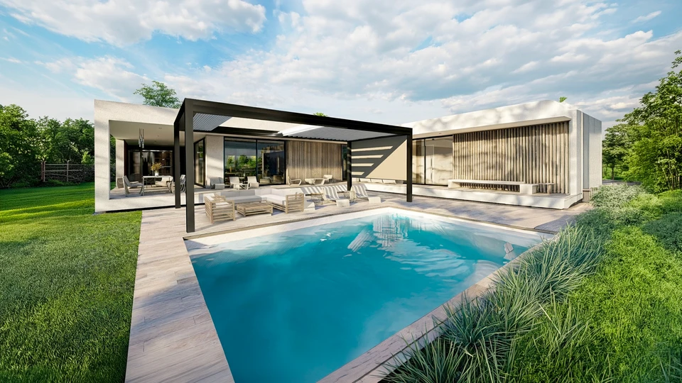 photo réaliste pergola bioclimatique de conception moderne avec des lattes d'aluminium qui se dresse près d'une maison moderne avec piscine, avec salle à manger, riche en végétation
